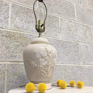 Vintage Table Lamp Retro 1970s Contemporary + Glass + Small Size + Ecru Beige + White + Floral Design + Mood Lighting + Home and Table Decor 