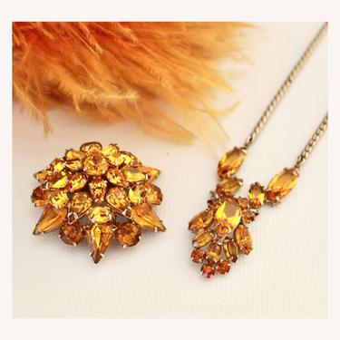 1960s Yellow Topaz Rhinestone Demi Parure Necklace & Brooch Set - 1960s Topaz Jewelry - Vintage Topaz Jewelry Set - 1960s Topaz Necklace 