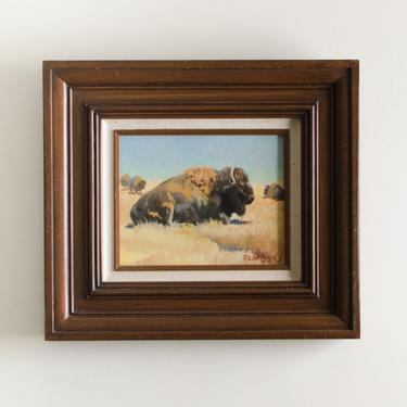 Vintage Framed Signed Dated Landscape of a Herd of Bulls Grazing in Pasture Oil Painting by Listed Artist R. G. Hathcock - 1982's 