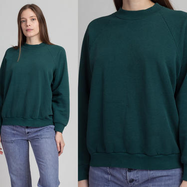 80s Forest Green Raglan Sleeve Sweatshirt - Large | Vintage Plain Crew Neck Pullover Top 