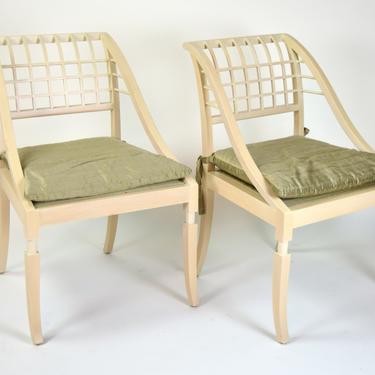 Pair Vintage Saladino Paint-Rubbed Beech Sleigh Chairs Silk Cushions 