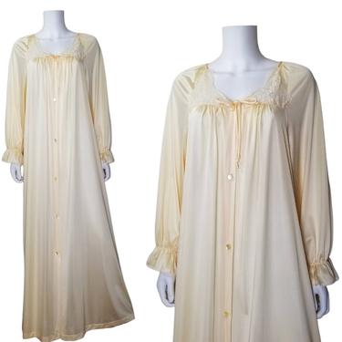Vintage Silky Nylon Robe, Extra Large / Pastel Yellow Long Sleeve Nightgown / Victorian Lace Nightgown Lingerie / Ruffled Sleeve Peignoir 