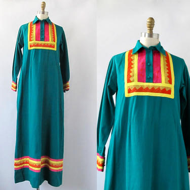 BOHO CHIC Vintage 70s Dress | 1970s JOSEFA Teal Maxi Kaftan | Appliqued &amp; Embroidered | Bohemian Southwest, Folk Hippie, Caftan | Size Small 