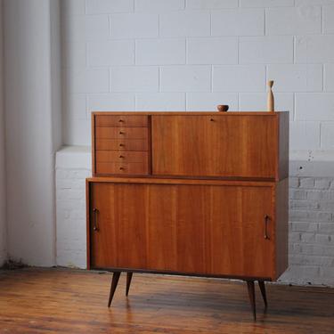 Restored Cherry Credenza with Sliding Doors and Bar Hutch 