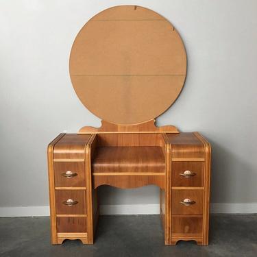 vintage art deco waterfall vanity with round mirror by F.S. Harmon