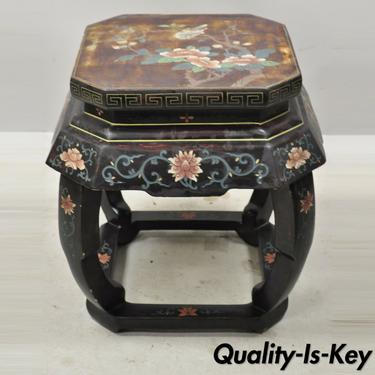 Vintage Chinese Pedestal Plant Stand Black Lacquer Bird Flower Painted Planter