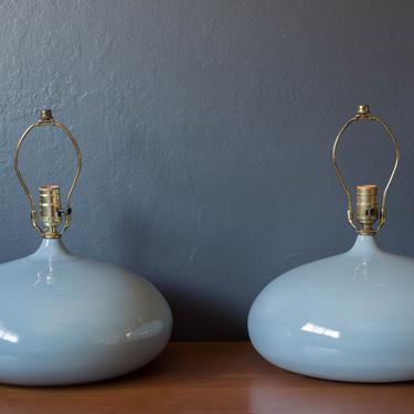 Pair of Sculptural Mid-Century Modern Round Gray Ceramic Table Lamps 
