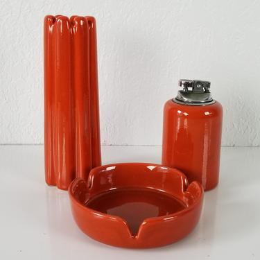 1970's Vintage Jaru Art Pottery Ashtray , Lighter And Vase Set Of -3 . 