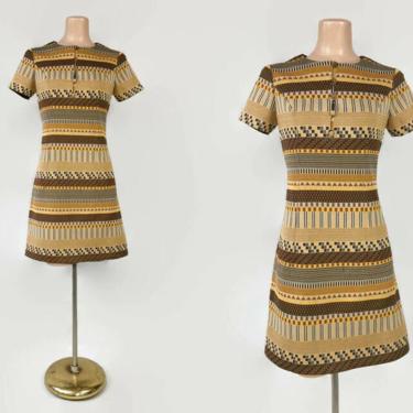 VINTAGE 60s Geometric Op-Art Print Mini Dress | 1960s Micro Mini Go Go Dress | Retro Groovy MOD Brown Gold Scooter Dress 