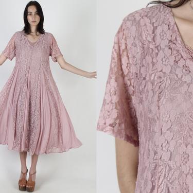 Pale Pink Grunge Dress / 1990s Sheer Lace Dress / 90s Mauve Full Skirt Gypsy Dress / Vintage V Neck Romantic Womens See Through maxi Dress 