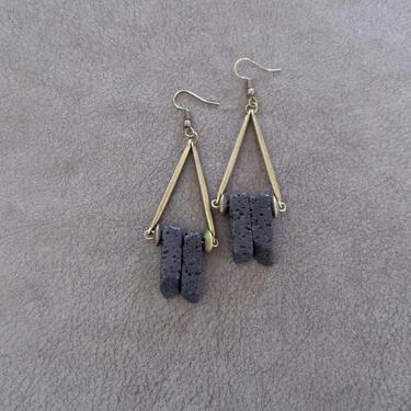 Black lava rock earrings, modern earrings, rustic brass earrings, mid century modern earrings, unique statement earrings, primitive ethnic 
