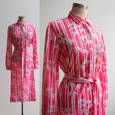 Vintage 1970s Shirt Dress / Vintage Dress Medium / Vintage Day Dress 12 / Bamboo Print Dress / Shirt Dress with Belt / Vintage 70s Dress 