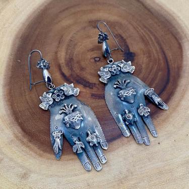 BURNING HEART Federico Jimenez Mexican Silver Earrings | Milagro Charm Figural Protective Hands | Oaxaca Mexico, Frida Kahlo Style Jewelry 