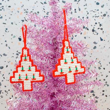 Vintage 1970s Christmas Tree Ornament - Handmade Tree Ornament Cross Stitch Holiday Decoration Christmas Decor - Set/2 