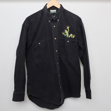 vintage BLACK DENIM 1990s faded FROG scene long sleeve denim button down shirt - men's size medium 