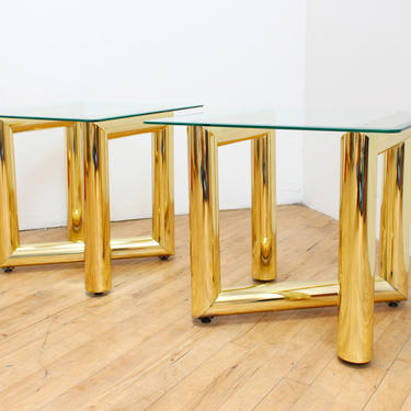 Tubular Brass End Tables Side Pair Tables Glass Karl Springer Pace Zig Zag Postmodern Hollywood Regency 