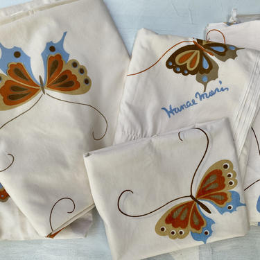 Vintage Hanae Mori Set Of 2 Twin Flat Sheets, 2 Twin Fitted, 1 pillowcase, Butterfly Sheets 