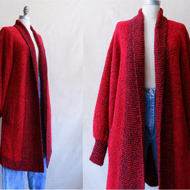 Vintage 80s Red Black Long Cardigan with Balloon Sleeves/ 1980s Boucle Knit Duster/ Size Small Medium 