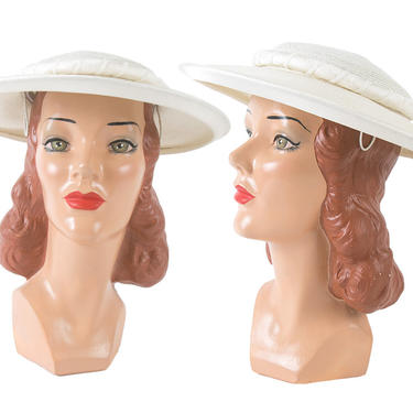 Vintage 1950s Hat | 50s White Wide Brim Sun Hat Saucer Platter Summer Hat 