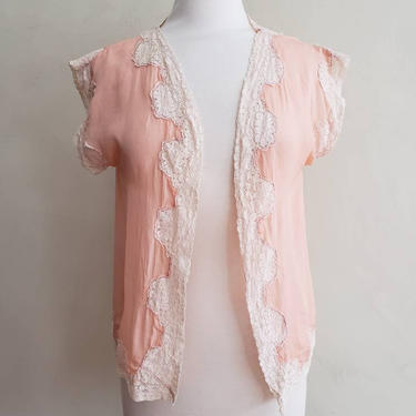 1930s Pink Silk Cream Lace Blouse / 30s Lingerie Boudoir Vest Top Jacket / Large / Brunilde 