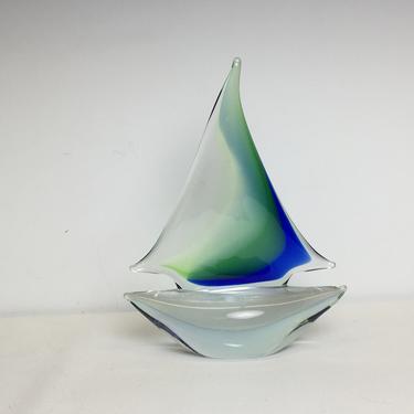 Vintage Studio Art Glass Sailboat Boat Sommerso Blue Green Nautical Blown MCM 