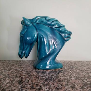 Vintage Wild Stallion Figurine / Large Sculptured Ceramic Horse Head / Blue Glazed Horse Statuette / 1970s Boho Hippie Colorful Home Decor 